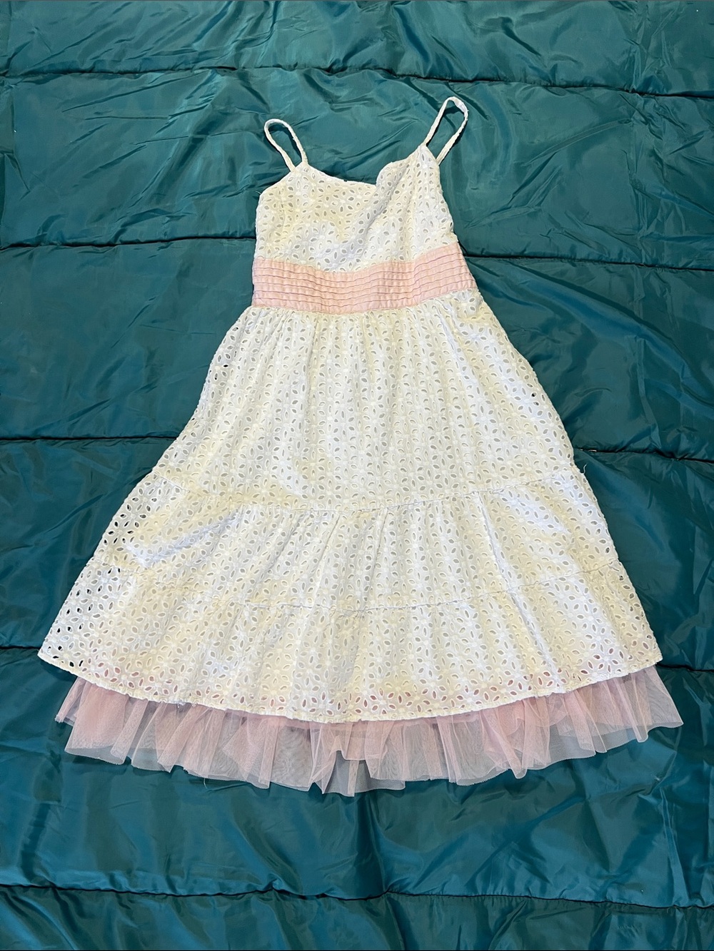 Justice White Eyelet Dress with Pink Waistband and Pink Tulle Trim